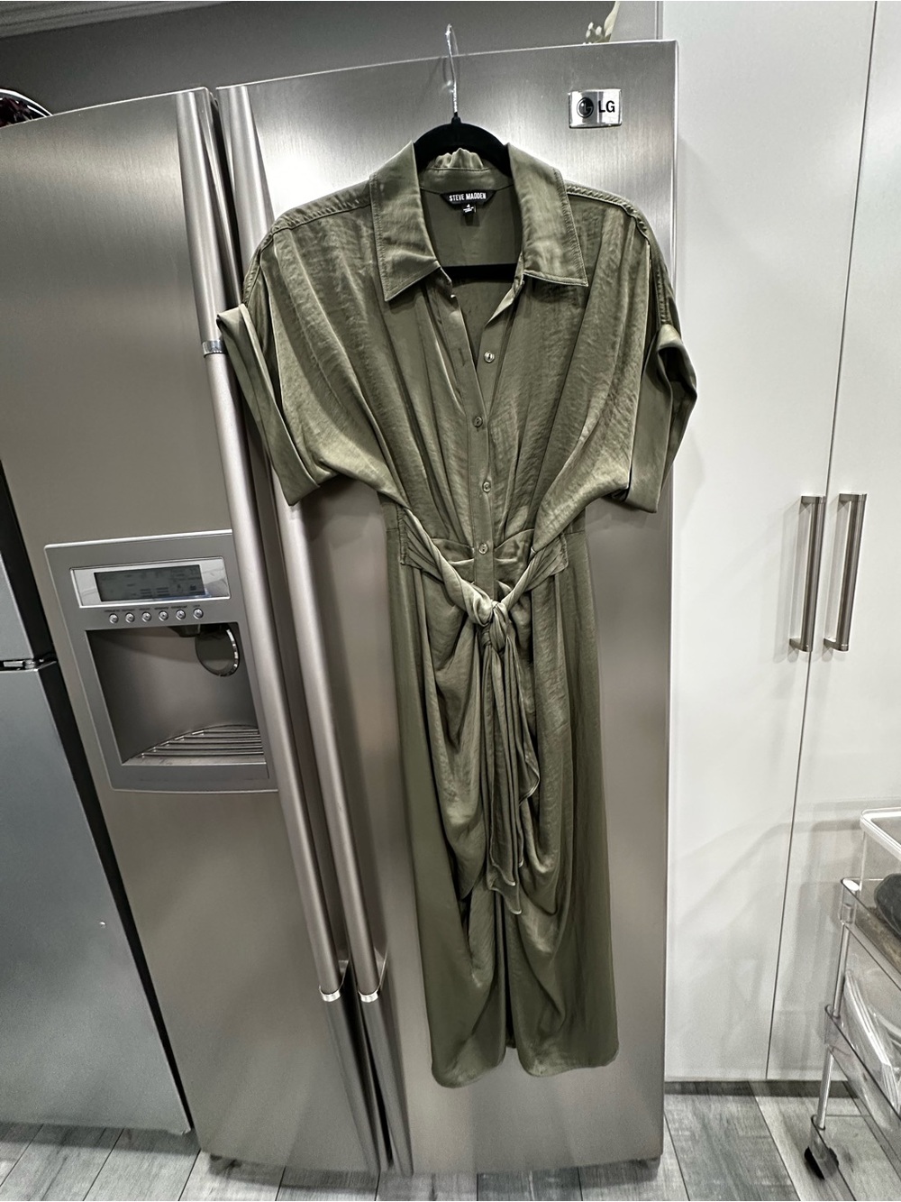 Steve Madden Olive Green Button-Front Tie-Waist Midi Dress
